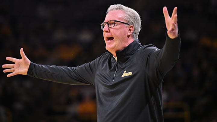 Feb 22, 2025; Iowa City, Iowa, USA; Iowa Hawkeyes head coach Fran McCaffery reacts during the first half against the Washington Huskies at Carver-Hawkeye Arena. Mandatory Credit: Jeffrey Becker-Imagn Images