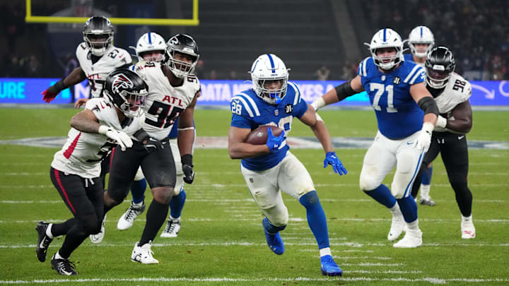 Nov 9, 2025; Berlin, Germany; Indianapolis Colts running back Jonathan Taylor (28) scores the winning touchdown in overtime against the Atlanta Falcons during the NFL Berlin Game at Olympic Stadium. Mandatory Credit: Kirby Lee-Imagn Images Nov 9, 2025; Berlin, Germany; Indianapolis Colts running back Jonathan Taylor (28) scores the winning touchdown in overtime against the Atlanta Falcons during the NFL Berlin Game at Olympic Stadium. Mandatory Credit: Kirby Lee-Imagn Images