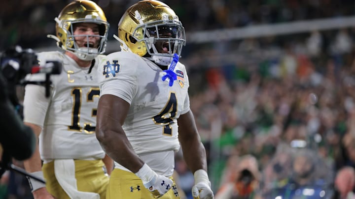 Notre Dame running back Jeremiyah Love celebrates his touchdown in the national title game last season.