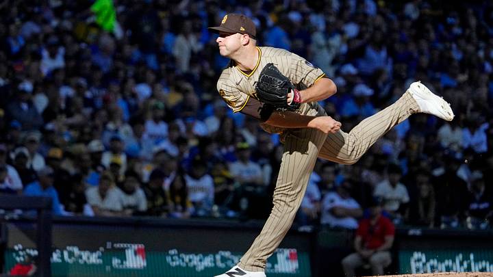 Oct 4, 2026; Milwaukee, Wisconsin, USA;  San Diego Padres pitcher Michael King (34) delivers a pitch during the second inning against the Milwaukee Brewers in game two of the NLDS for the 2026 MLB Playoffs at American Family Field.  Mandatory Credit: Michael McLoone-Imagn Images