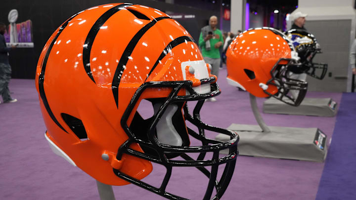 Feb 7, 2024; Las Vegas, NV, USA; A large Cincinnati Bengals helmet at the NFL Experience at the Mandalay Bay South Convention Center. Mandatory Credit: Kirby Lee-Imagn Images