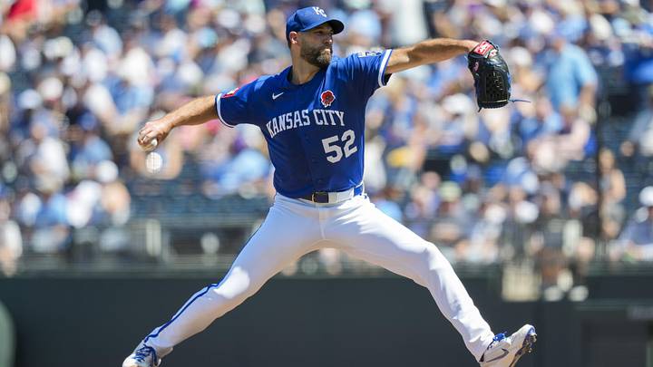 May 25, 2026; Kansas City, Missouri, USA; Kansas City Royals pitcher Michael Wacha (52) pitches during the first inning against the New York Yankees at Kauffman Stadium. Mandatory Credit: Jay Biggerstaff-Imagn Images
