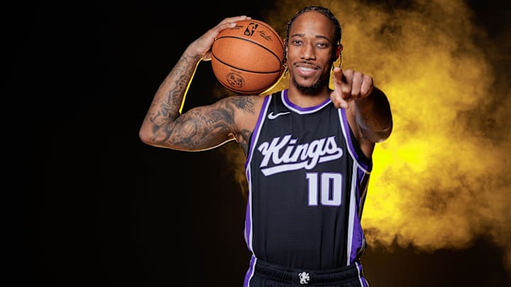 Sep 30, 2024; Sacramento, CA, USA; Sacramento Kings forward DeMar DeRozan (10) during media day at Golden 1 Center. Mandatory Credit: Sergio Estrada-Imagn Images