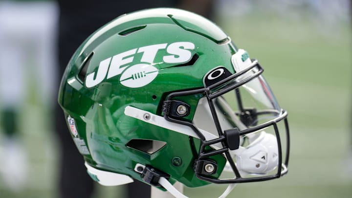 Aug 12, 2023; Charlotte, North Carolina, USA; New York Jets helmet during the second quarter against the Carolina Panthers at Bank of America Stadium. Mandatory Credit: Jim Dedmon-Imagn Images