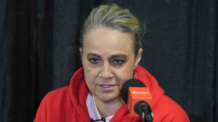 Jul 5, 2024; Los Angeles, California, USA; Las Vegas Aces coach Becky Hammon at a press conference at Crypto.com Arena. Mandatory Credit: Kirby Lee-Imagn Images Jul 5, 2024; Los Angeles, California, USA; Las Vegas Aces coach Becky Hammon at a press conference at Crypto.com Arena. Mandatory Credit: Kirby Lee-Imagn Images
