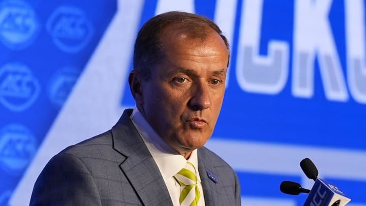 Jul 22, 2024; Charlotte, NC, USA; ACC commissioner Jim Phillips speaks to the media during ACC Kickoff at Hilton Charlotte Uptown. Mandatory Credit: Jim Dedmon-USA TODAY Sports Jul 22, 2024; Charlotte, NC, USA; ACC commissioner Jim Phillips speaks to the media during ACC Kickoff at Hilton Charlotte Uptown. Mandatory Credit: Jim Dedmon-USA TODAY Sports