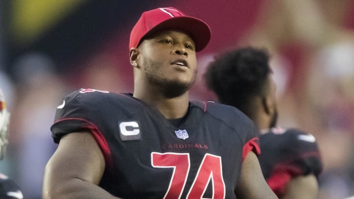 Oct 28, 2021; Glendale, Arizona, USA; Arizona Cardinals offensive tackle D.J. Humphries (74) against the Green Bay Packers at State Farm Stadium. Mandatory Credit: Mark J. Rebilas-Imagn Images