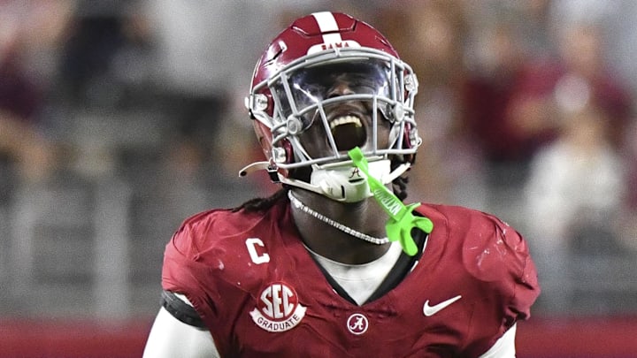 Sep 28, 2024; Tuscaloosa, Alabama, USA;  Alabama Crimson Tide linebacker Deontae Lawson (0) celebrates after sacking Georgia Bulldogs quarterback Carson Beck (not pictured) at Bryant-Denny Stadium. Alabama defeated Georgia 41-34. Mandatory Credit: Gary Cosby Jr.-Imagn Images