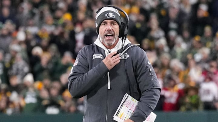 Nov 24, 2024; Green Bay, Wisconsin, USA;  San Francisco 49ers head coach Kyle Shanahan calls out during the second quarter against the Green Bay Packers at Lambeau Field. Mandatory Credit: Jeff Hanisch-Imagn Images