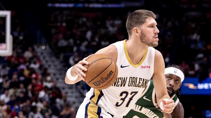 Mar 28, 2024; New Orleans, Louisiana, USA; New Orleans Pelicans forward Matt Ryan (37) dribbles Mar 28, 2024; New Orleans, Louisiana, USA; New Orleans Pelicans forward Matt Ryan (37) dribbles