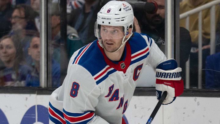 Jan 23, 2024; San Jose, California, USA; New York Rangers defenseman Jacob Trouba (8) during the