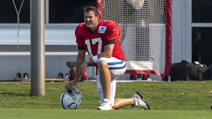 Aug 26, 2020; Indianapolis, Indiana, USA; Indianapolis Colts quarterback Phillip Rivers (17) takes a knee during colts training camp at the Farm Bureau Football Complex. Mandatory Credit: Marc Lebryk-Imagn Images Aug 26, 2020; Indianapolis, Indiana, USA; Indianapolis Colts quarterback Phillip Rivers (17) takes a knee during colts training camp at the Farm Bureau Football Complex. Mandatory Credit: Marc Lebryk-Imagn Images