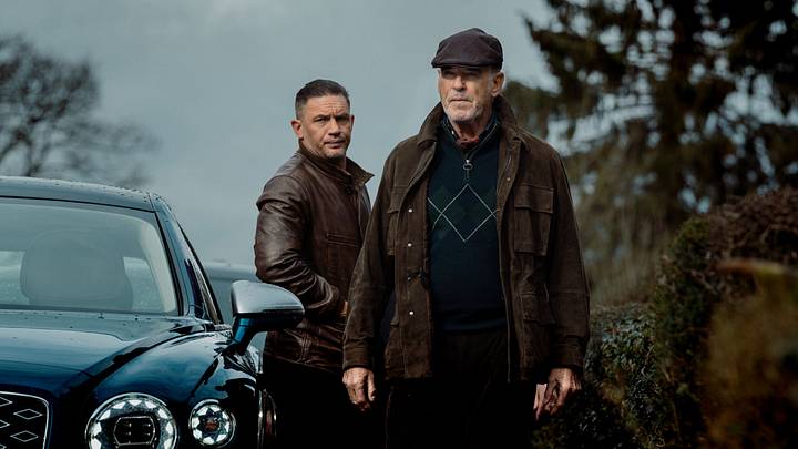 L-R Tom Hardy as Harry Da Souza and Pierce Brosnan as Conrad Harrigan in MOBLAND, episode 9, season 1, Streaming on Paramount+ 2025. Photo Credit: Luke Varley/Paramount+
