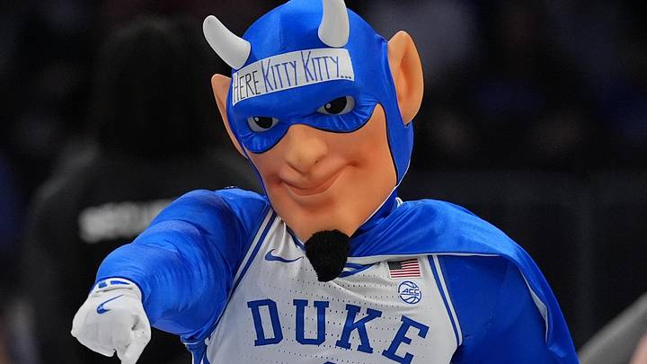 Mar 13, 2026; Charlotte, NC, USA; Duke Blue Devils mascot with helmet message during the first half against the Clemson Tigers at Spectrum Center. Mandatory Credit: Jim Dedmon-Imagn Images Mar 13, 2026; Charlotte, NC, USA; Duke Blue Devils mascot with helmet message during the first half against the Clemson Tigers at Spectrum Center. Mandatory Credit: Jim Dedmon-Imagn Images