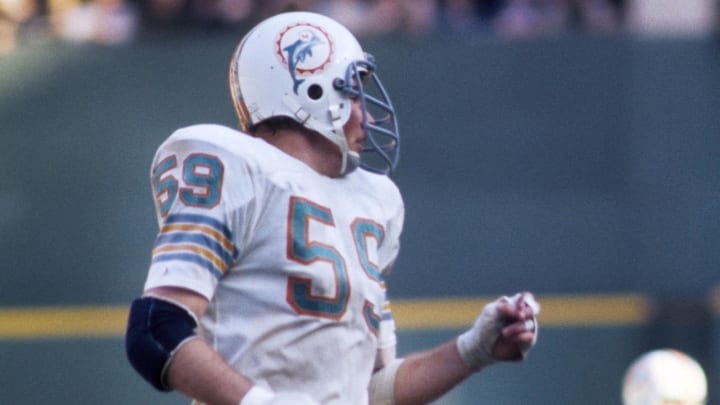 Linebacker Doug Swift (59) against the Pittsburgh Steelers during the 1972 AFC Championship Game at Three Rivers Stadium.