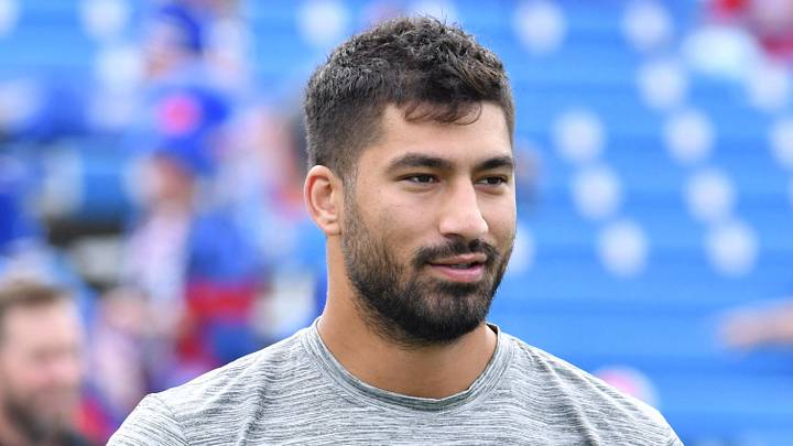 Sep 17, 2023; Orchard Park, New York, USA; Buffalo Bills defensive end AJ Epenesa (57) warms up before a game against the Las Vegas Raiders at Highmark Stadium. Mandatory Credit: Mark Konezny-Imagn Images