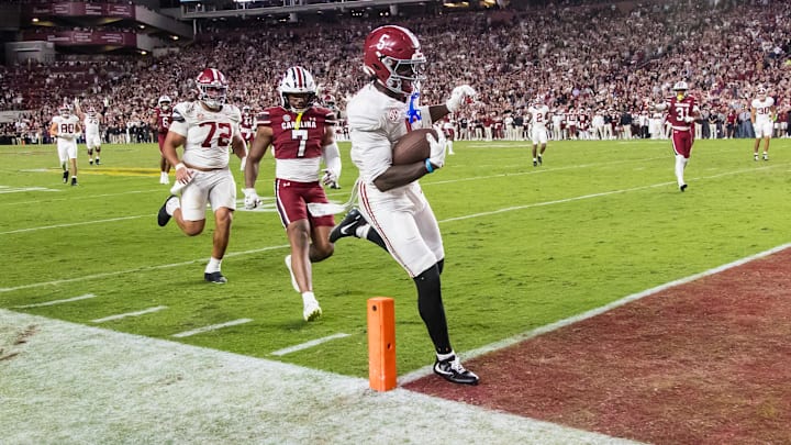 Oct 25, 2025; Columbia, South Carolina, USA; Alabama Crimson Tide wide receiver Germie Bernard (5) scores the game-winning touchdown against the South Carolina Gamecocks in the fourth quarter at Williams-Brice Stadium. Mandatory Credit: Jeff Blake-Imagn Images Oct 25, 2025; Columbia, South Carolina, USA; Alabama Crimson Tide wide receiver Germie Bernard (5) scores the game-winning touchdown against the South Carolina Gamecocks in the fourth quarter at Williams-Brice Stadium. Mandatory Credit: Jeff Blake-Imagn Images
