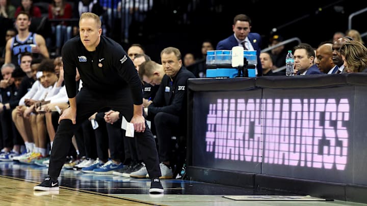 Mar 27, 2025; Newark, NJ, USA; Brigham Young Cougars head coach Kevin Young looks on during the first half against the Alabama Crimson Tide during an East Regional semifinal of the 2025 NCAA tournament at Prudential Center. Mandatory Credit: Vincent Carchietta-Imagn Images