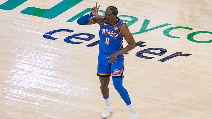 May 18, 2026; Oklahoma City, Oklahoma, USA; Oklahoma City Thunder forward Jalen Williams (8) reacts in double overtime against the San Antonio Spurs during game one of the western conference finals for the 2026 NBA playoffs at Paycom Center. May 18, 2026; Oklahoma City, Oklahoma, USA; Oklahoma City Thunder forward Jalen Williams (8) reacts in double overtime against the San Antonio Spurs during game one of the western conference finals for the 2026 NBA playoffs at Paycom Center.