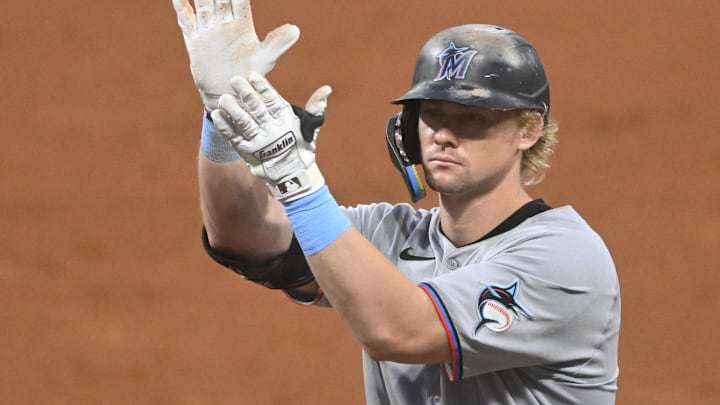Aug 13, 2025; Cleveland, Ohio, USA; Miami Marlins left fielder Kyle Stowers (28) celebrates his RBI single in the sixth inning against the Cleveland Guardians at Progressive Field. 