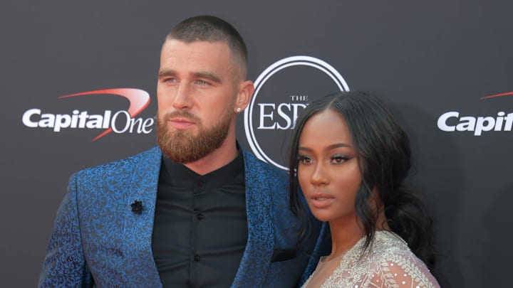 Jul 18, 2018; Los Angeles, CA, USA; Kansas City Chiefs tight end Travis Kelce and Kayla Nicole arrive for the 2018 ESPYS at Microsoft Theatre. 