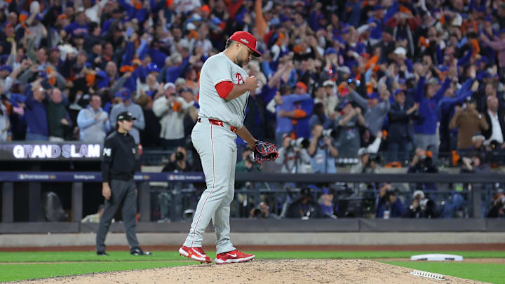 Oct 9, 2024; New York, New York, USA; Philadelphia Phillies pitcher Carlos Estevez (53) reacts after giving up a grand slam to New York Mets shortstop Francisco Lindor (not pictured) in the sixth inning  in game four of the NLDS for the 2024 MLB Playoffs at Citi Field. Mandatory Credit: Brad Penner-Imagn Images