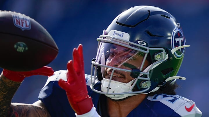 Tennessee Titans safety Amani Hooker catches the ball during warm ups before facing the Minnesota Vikings.