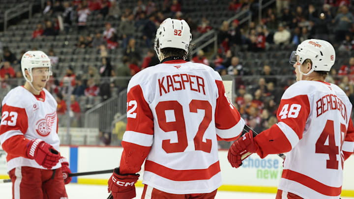 Apr 16, 2025; Newark, New Jersey, USA; Detroit Red Wings center Marco Kasper (92) celebrates his goal against the New Jersey Devils during the third period at Prudential Center. Mandatory Credit: Ed Mulholland-Imagn Images