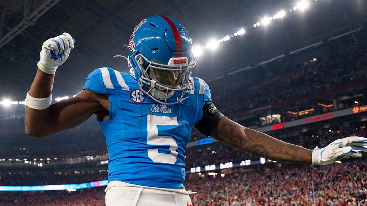 Ole Miss running back Kewan Lacy (5) celebrates after scoring a touchdown during the CFP Fiesta Bowl against Miami at the State Farm Stadium, in Glendale, Ariz., on Thursday, Jan. 8, 2026. Ole Miss running back Kewan Lacy (5) celebrates after scoring a touchdown during the CFP Fiesta Bowl against Miami at the State Farm Stadium, in Glendale, Ariz., on Thursday, Jan. 8, 2026.
