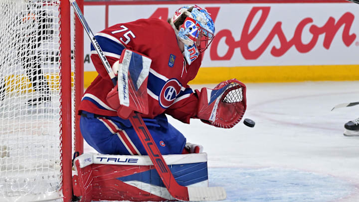Apr 7, 2026; Montreal, Quebec, CAN; Montreal Canadiens goalie Jakub Dobes (75) makes a save during the first period of the game against the Florida Panthers at the Bell Centre. Mandatory Credit: Eric Bolte-Imagn Images Apr 7, 2026; Montreal, Quebec, CAN; Montreal Canadiens goalie Jakub Dobes (75) makes a save during the first period of the game against the Florida Panthers at the Bell Centre. Mandatory Credit: Eric Bolte-Imagn Images