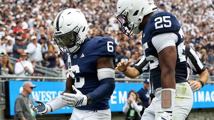 Penn State Nittany Lions wide receiver Koby Howard (6) celebrates with running back Quinton Martin Jr. (25) Penn State Nittany Lions wide receiver Koby Howard (6) celebrates with running back Quinton Martin Jr. (25)