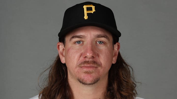 Feb 18, 2026; Bradenton, FL, USA; Pittsburgh Pirates pitcher Mike Clevinger (52) poses for a photo during media day at Pirate City. Mandatory Credit: Kim Klement Neitzel-Imagn Images