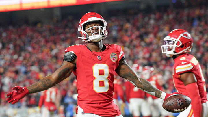 Dec 8, 2024; Kansas City, Missouri, USA; Kansas City Chiefs wide receiver DeAndre Hopkins (8) celebrates after scoring against the Los Angeles Chargers during the first half at GEHA Field at Arrowhead Stadium. Mandatory Credit: Denny Medley-Imagn Images Dec 8, 2024; Kansas City, Missouri, USA; Kansas City Chiefs wide receiver DeAndre Hopkins (8) celebrates after scoring against the Los Angeles Chargers during the first half at GEHA Field at Arrowhead Stadium. Mandatory Credit: Denny Medley-Imagn Images