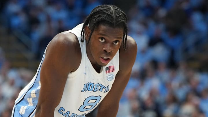 Feb 2, 2026; Chapel Hill, North Carolina, USA; North Carolina Tar Heels forward Caleb Wilson (8) on the free throw line in the second half at Dean E. Smith Center. Mandatory Credit: Bob Donnan-Imagn Images