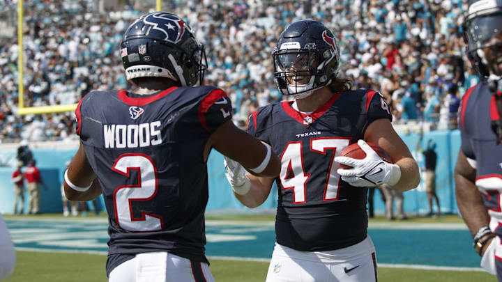 Sep 24, 2023; Jacksonville, Florida, USA; Houston Texans fullback Andrew Beck (47) celebrates a