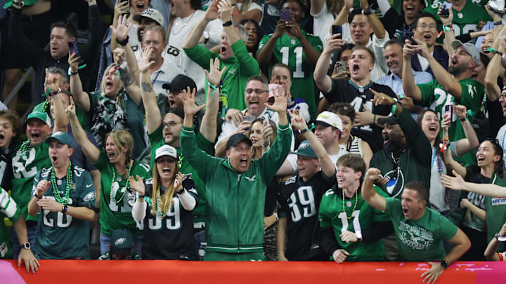 Feb 9, 2025; New Orleans, LA, USA;  Philadelphia Eagles fans cheer after a touchdown against the Kansas City Chiefs in the second quarter in Super Bowl LIX at Ceasars Superdome.