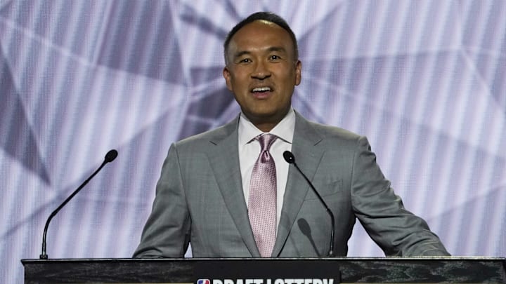 May 17, 2022; Chicago, IL, USA; NBA deputy commissioner Mark Tatum announces the results during the 2022 NBA Draft Lottery at McCormick Place. Mandatory Credit: David Banks-Imagn Images
