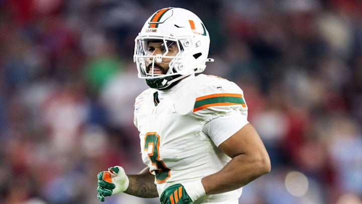 Jan 8, 2026; Glendale, AZ, USA; Miami Hurricanes defensive lineman Akheem Mesidor (3) against the Mississippi Rebels during the 2026 Fiesta Bowl and semifinal game of the College Football Playoff at State Farm Stadium. Mandatory Credit: Mark J. Rebilas-Imagn Images