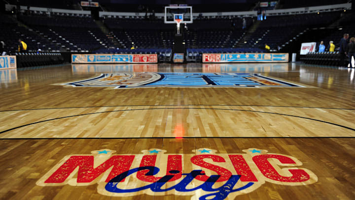 General view of the logos on the court before practice for the semifinals of the Final Four in the 2014 NCAA Womens Division I Championship tournament at Bridgestone Arena.