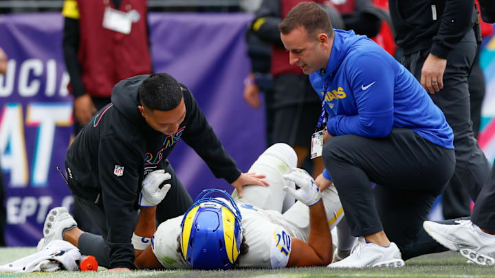 Puka Nacua went down with an ankle injury during the Rams' win over the Ravens on Sunday. 