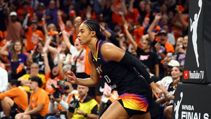 Oct 8, 2025; Phoenix, Arizona, USA; Phoenix Mercury forward Satou Sabally (0) against the Las Vegas Aces during game three of the 2025 WNBA Finals at PHX Arena. Mandatory Credit: Mark J. Rebilas-Imagn Images