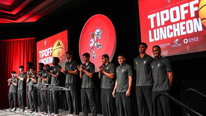 The 2026-2027 Louisville men’s basketball team stands on the stage after being introduced at the Galt House Hotel in downtown Louisville Thursday Oct. 8, 2026. The 2026-2027 Louisville men’s basketball team stands on the stage after being introduced at the Galt House Hotel in downtown Louisville Thursday Oct. 8, 2026.