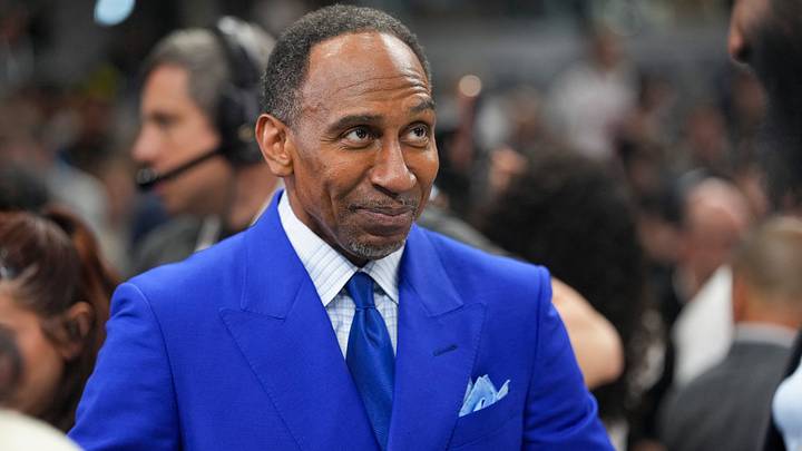 Stephen A. Smith looks on before the game between the San Antonio Spurs and the New York Knicks in game two of the 2026 NBA Finals at Frost Bank Center. Mandatory Credit: Scott Wachter-Imagn Images