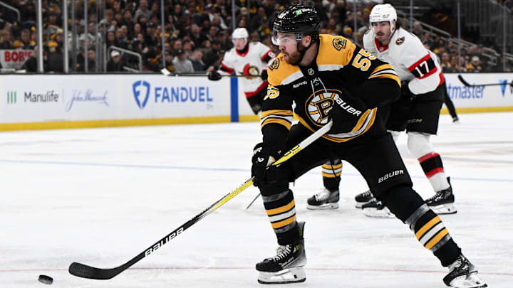 Nov 9, 2024; Boston, Massachusetts, USA; Boston Bruins right wing Justin Brazeau (55) skates against the Ottawa Senators during the third period at TD Garden. Mandatory Credit: Brian Fluharty-Imagn Images Nov 9, 2024; Boston, Massachusetts, USA; Boston Bruins right wing Justin Brazeau (55) skates against the Ottawa Senators during the third period at TD Garden. Mandatory Credit: Brian Fluharty-Imagn Images