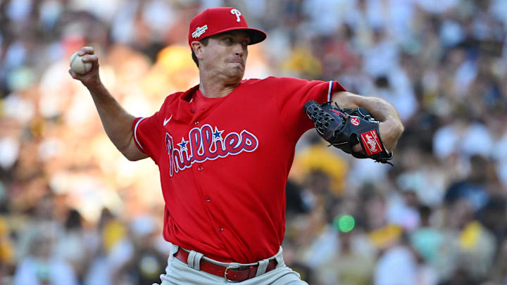 Oct 19, 2022; San Diego, California, USA; Philadelphia Phillies starting pitcher Kyle Gibson (44) pitches in the eighth inning against the San Diego Padres during game two of the NLCS for the 2022 MLB Playoffs at Petco Park.