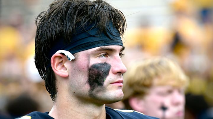 Oct 11, 2025; Columbia, MO, USA; Missouri Tigers quarterback Beau Pribula (9) walks off the field after a loss to the Alabama Crimson Tide at Faurot Field at Memorial Stadium.