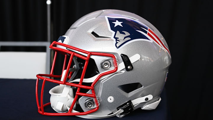 Jan 17, 2024; Foxborough, MA, USA; A New England Patriots helmet sits on a table at Gillette Stadium. Mandatory Credit: Eric Canha-Imagn Images