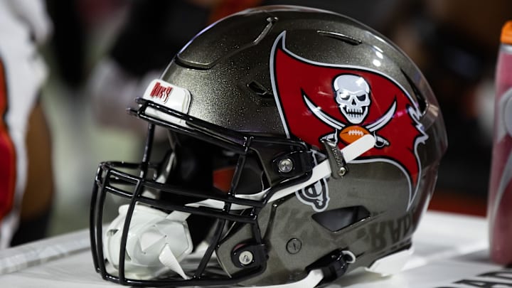 Dec 25, 2022; Glendale, Arizona, USA; Detailed view of a Tampa Bay Buccaneers helmet at State Farm Stadium. Mandatory Credit: Mark J. Rebilas-Imagn Images