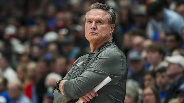 Nov 19, 2024; Lawrence, Kansas, USA; Kansas Jayhawks head coach Bill Self reacts during the second half against the North Carolina-Wilmington Seahawks at Allen Fieldhouse. Mandatory Credit: Jay Biggerstaff-Imagn Images Nov 19, 2024; Lawrence, Kansas, USA; Kansas Jayhawks head coach Bill Self reacts during the second half against the North Carolina-Wilmington Seahawks at Allen Fieldhouse. Mandatory Credit: Jay Biggerstaff-Imagn Images
