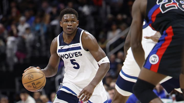 Minnesota Timberwolves guard Anthony Edwards dribbles in the second half against the Detroit Pistons at Little Caesars Arena in Detroit on Jan. 4, 2025. Minnesota Timberwolves guard Anthony Edwards dribbles in the second half against the Detroit Pistons at Little Caesars Arena in Detroit on Jan. 4, 2025.